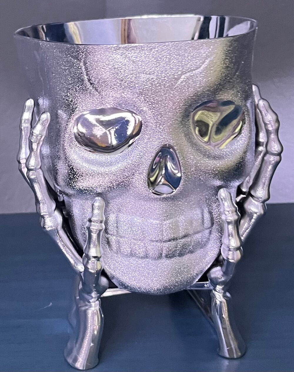 Silver Skull Snack Bowl Skeleton Hands Halloween Candy Dish NWT